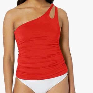 La Blanca Island Goddess One Shoulder Keyhole Tankini Top Neon Coral  Size 6 NWT
